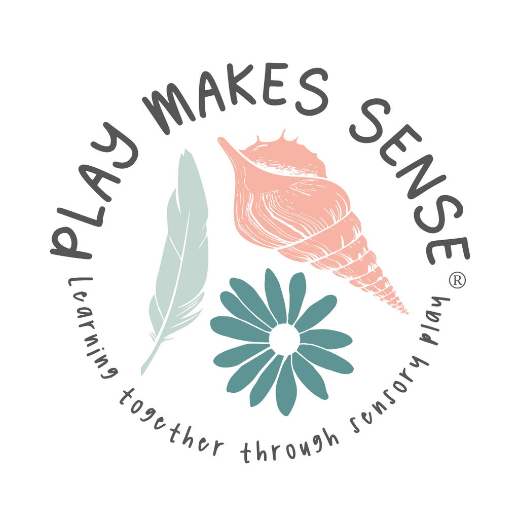 Play Makes Sense Logo. Image of a shell, a flower and a feather. The text at the bottom reads Learning together through sensory play. 