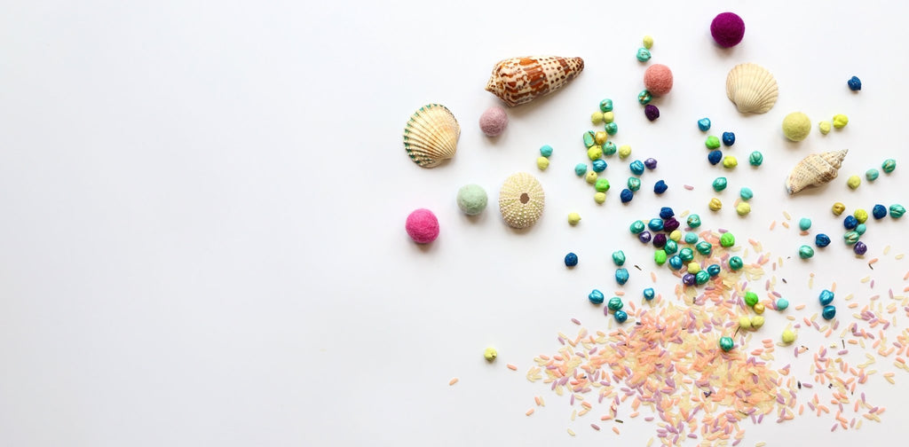 A selection of sensory resources on a white background. There are shells, felt balls, chickpeas and rice.