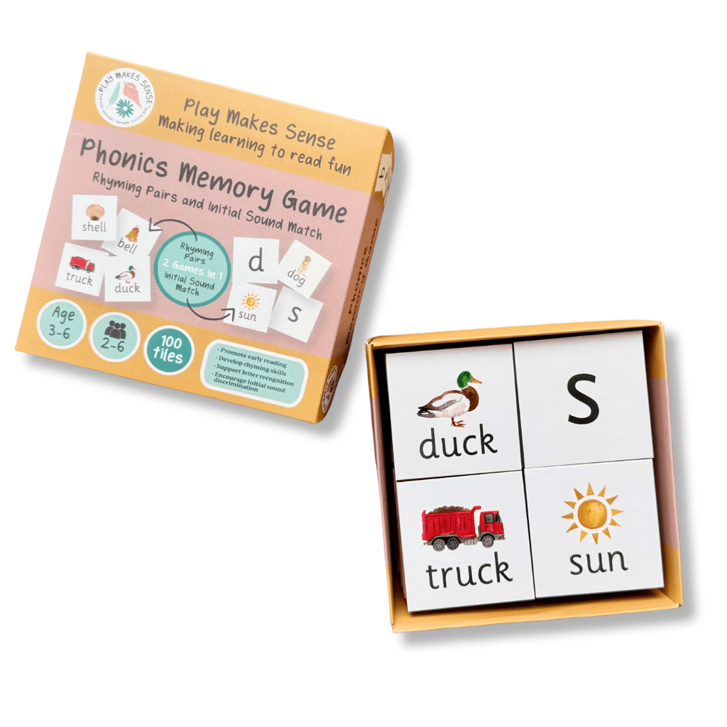 Phonics Memory Game box and tiles on white background