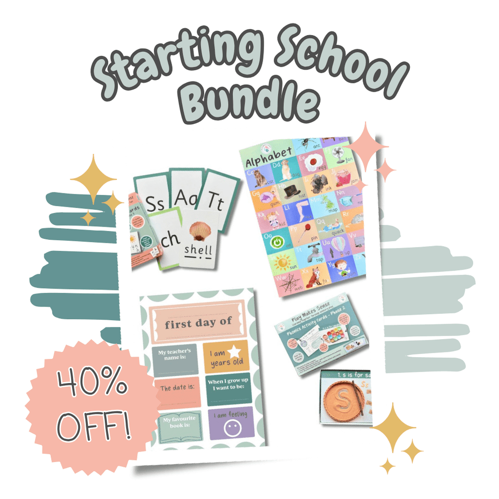 Starting School Bundle with educational materials and cards on a white background