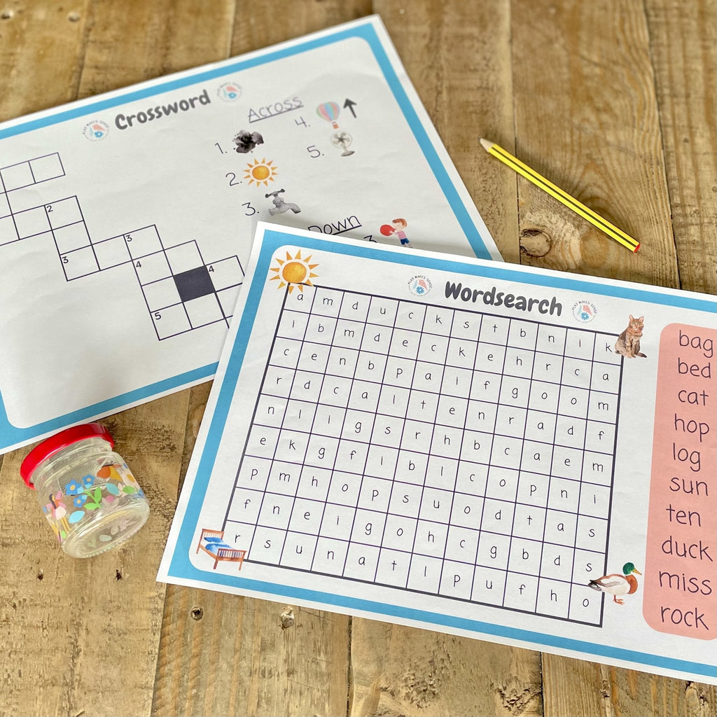 Crossword and wordsearch from the Printable Phonics Games Phase 2